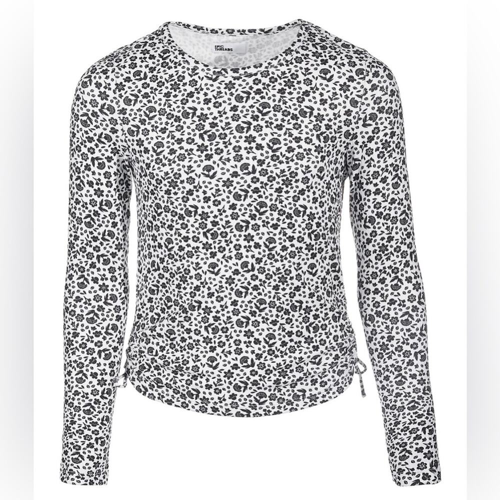 Epic Threads Ribbed-Knit Floral Print with Ties Black White Top Girl’s Size XL